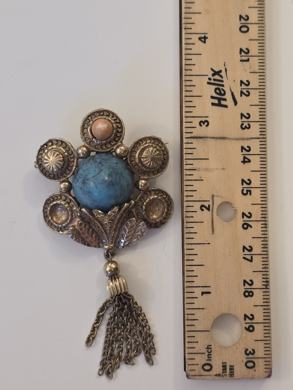 Vtg Art Deco Victorian Faux Turquoise Coral Chain Gold-Tone Tassel Brooch READ - Picture 13 of 14